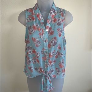 Teal & Floral Tie Front Button Down Sleeveless High-Low Top by Final Touch - M